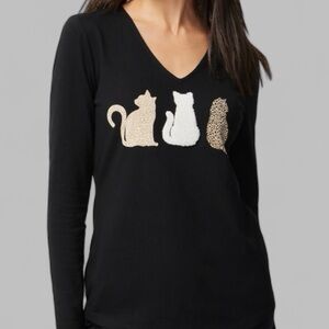 Chicos Long Sleeve Top with 3 Cats on Front, NEW